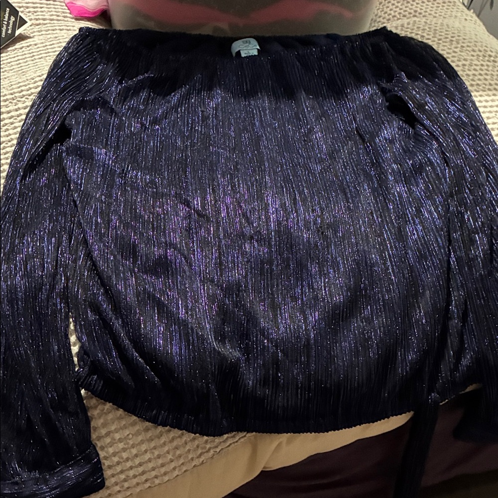 CeCe Shimmery Navy Blue Metallic Pleated Top